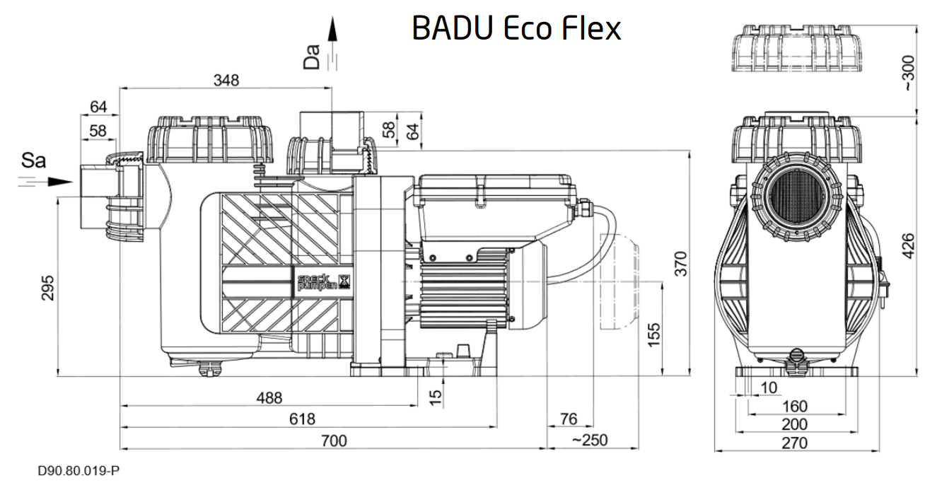 Maßzeichnung, Speck Eco Flex regelbare Filterpumpe